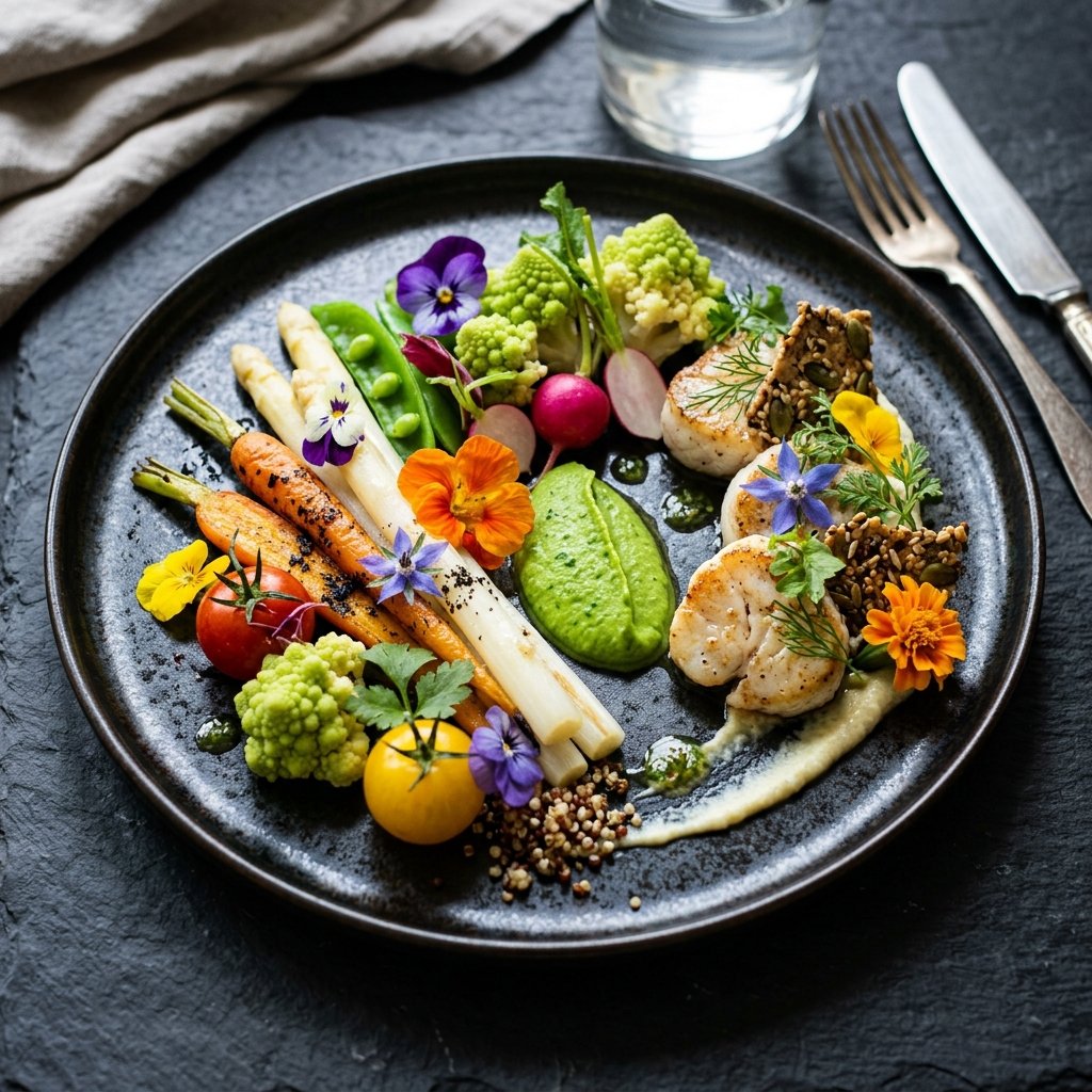 A detailed plate of Michelin-star level fresh scallops and organic garden greens