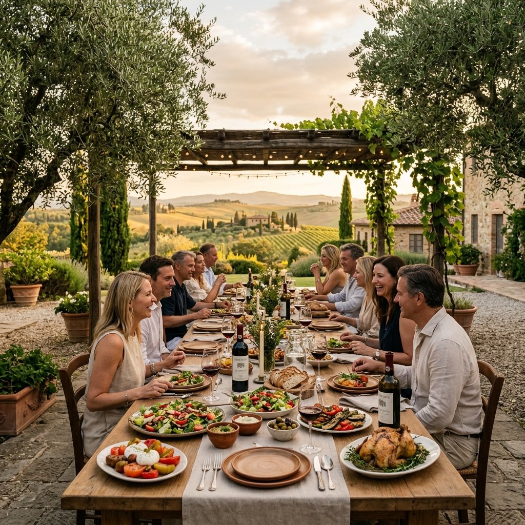 An outdoor table set for a culinary meal under olive tree canopy in the hills of Tuscany