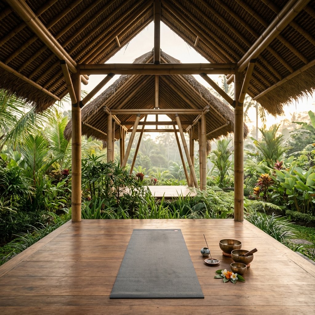 A quiet open-air wooden yoga pavilion in a lush green garden setting
